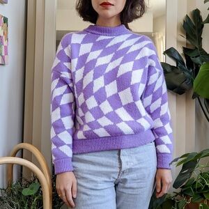 Lisa Says Gah Emma Warped Checker Checkerboard Purple Sweater Medium Large M/L